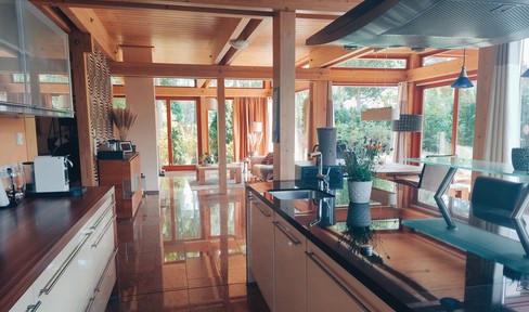 Lichtdurchflutete, energieeffiziente Villa aus Holz, Glas und Stein
