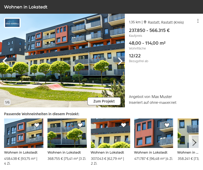 Darstellung eines Neubau-Projektpakets in der Suchergebnisliste von ImmoScout