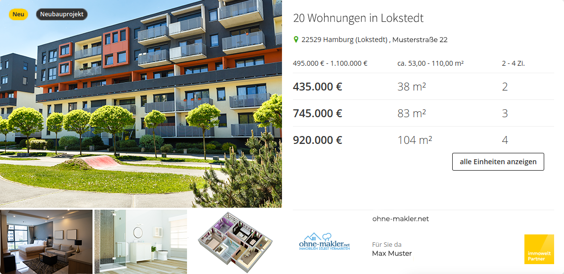 Darstellung eines Neubau-Projektpakets in der Suchergebnisliste von immowelt